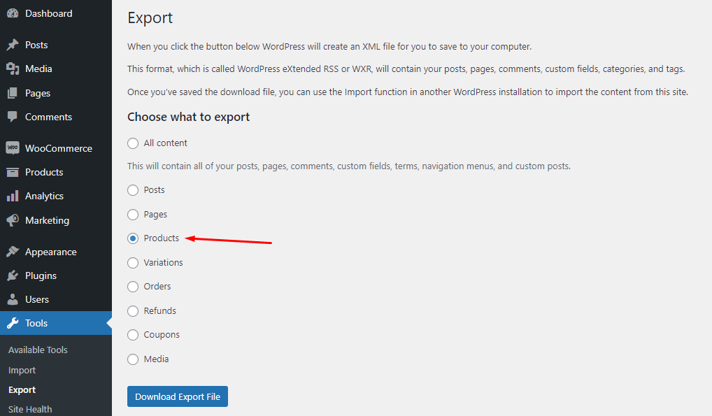 export WooCommerce products