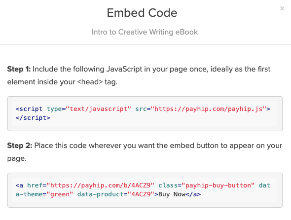 A screenshot of the Embed Code window on Payhip showing two snippets of code (HTML and JavaScript)