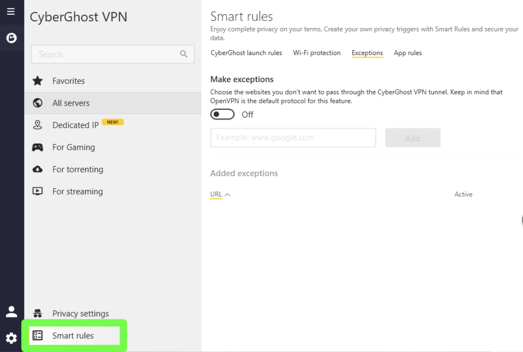 Screenshot of the Smart rules feature in the CyberGhost VPN for Windows app