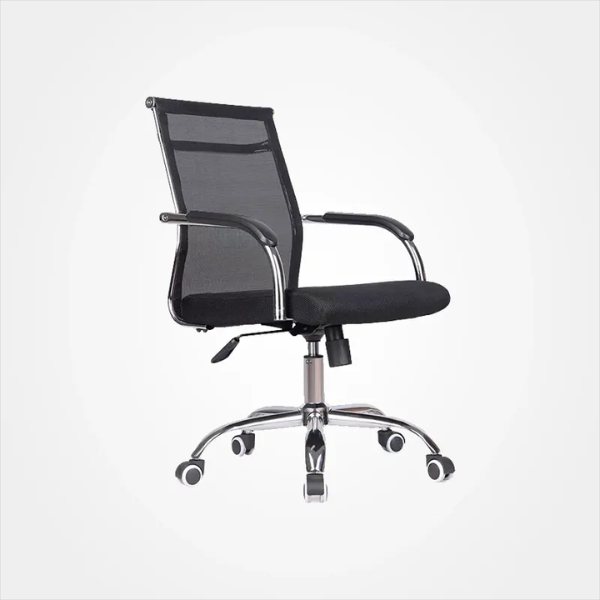 Black fabric office chair with breathable mesh backrest, reclining function, and armrest