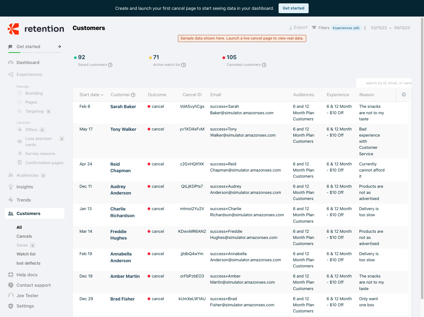 A screenshot of the Chargebee Retention dashboard showing the "Customers" selection in the navigation bar.