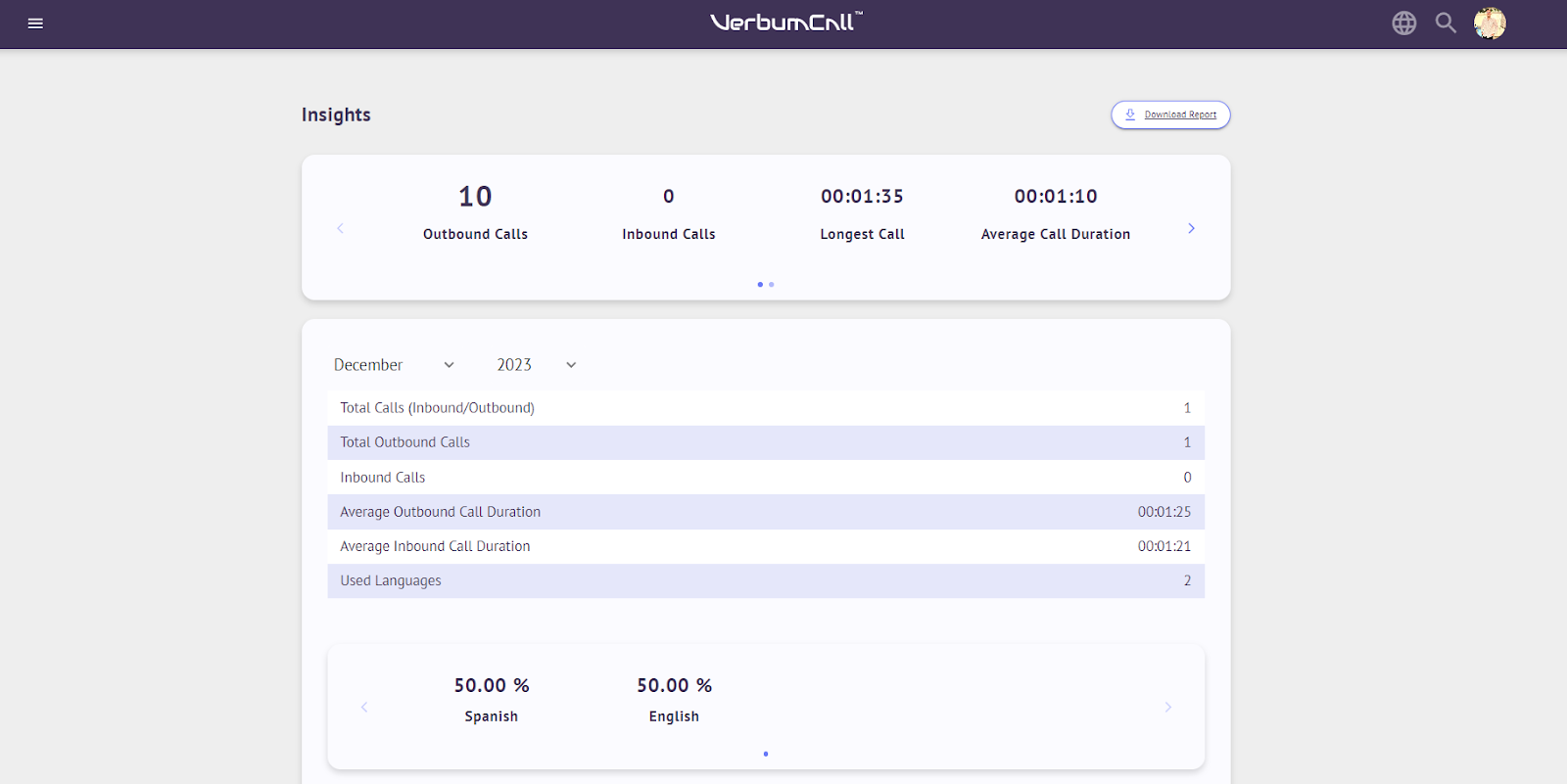 VerbumCall Agent Log and Insights Section