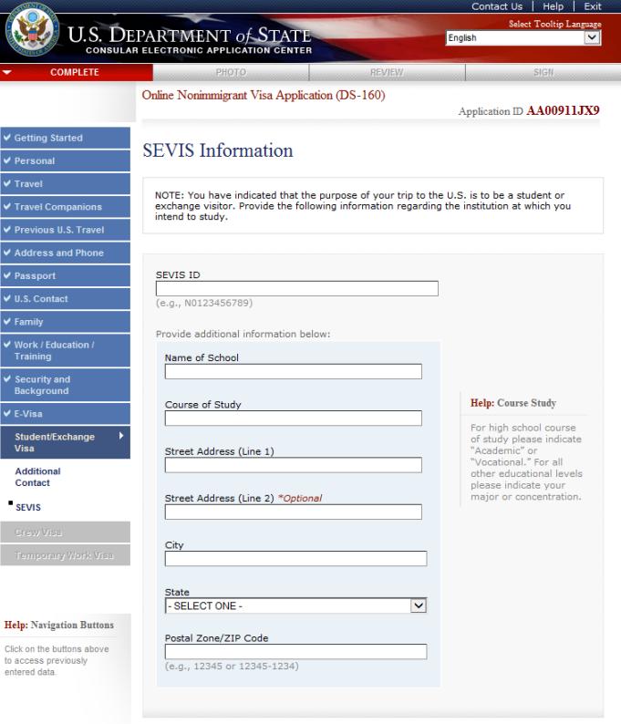 SEVIS Information (For Student Visas)