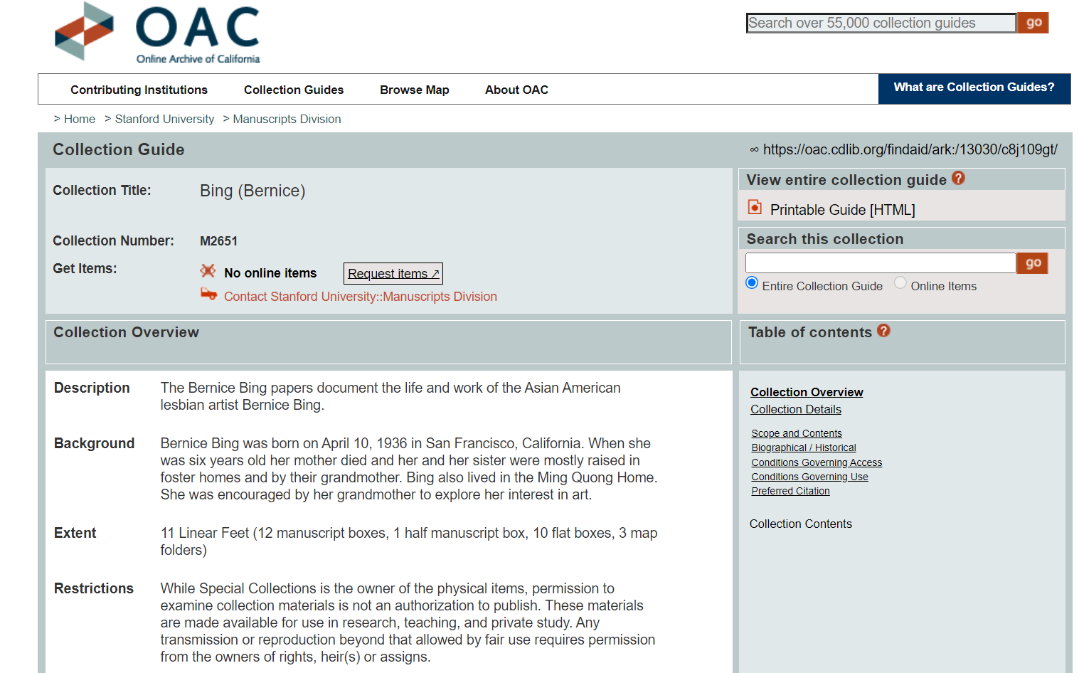 Online Archive California (OAC) catalog page for Bernice Bing papers.