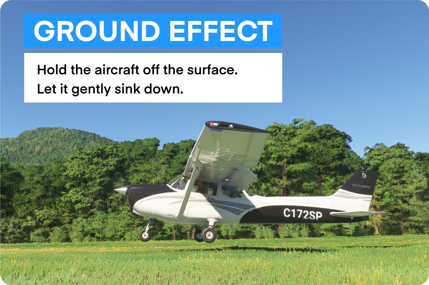 Aircraft flying in ground effect above grass runway.