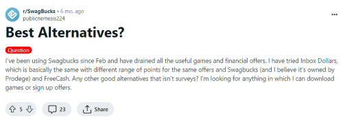 Someone on Reddit asks for people to recommend survey sites like Swagbucks. 