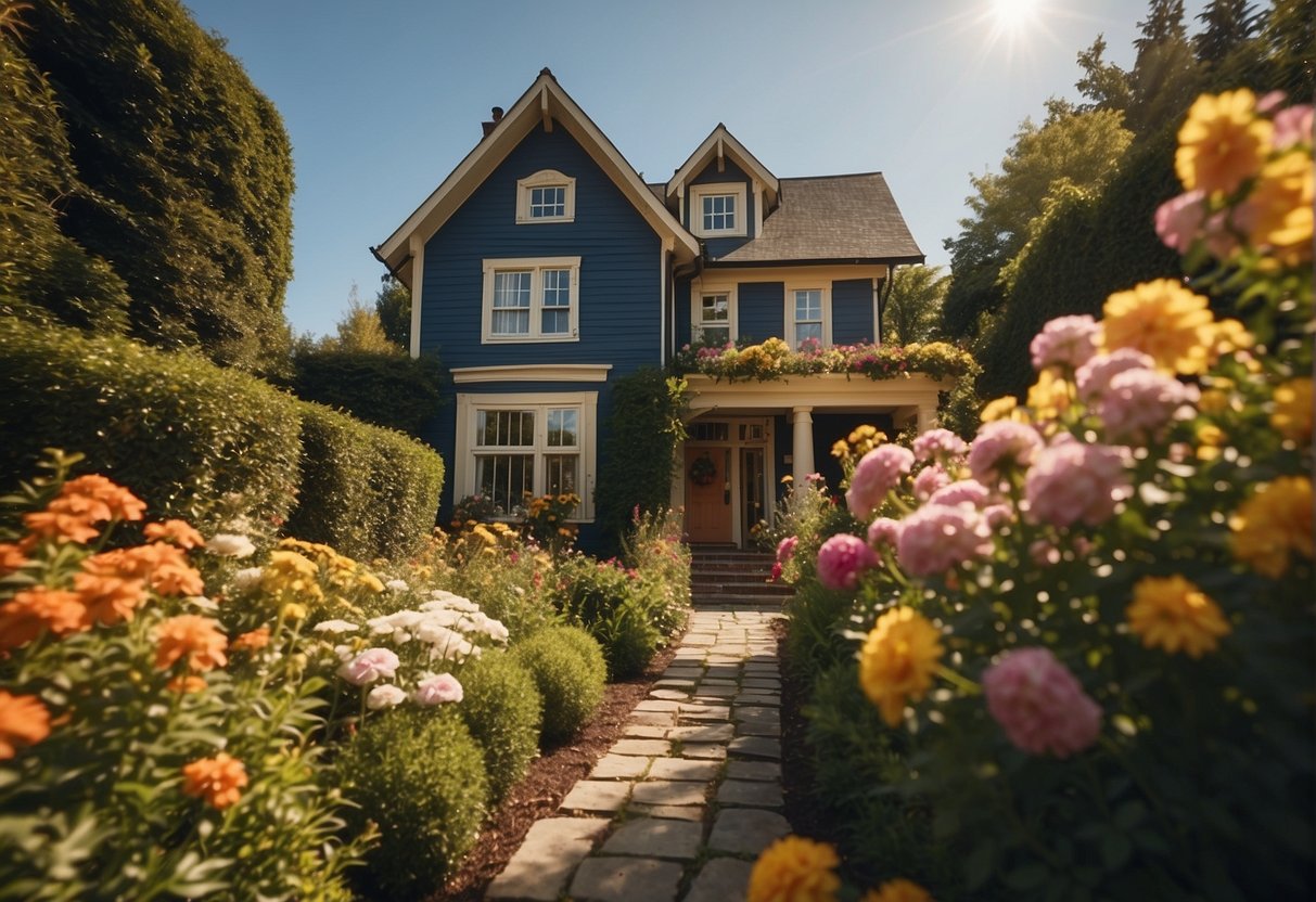 A house being painted with vibrant colors, surrounded by neatly trimmed bushes and flowers. The sun is shining, casting a warm glow on the freshly painted exterior
