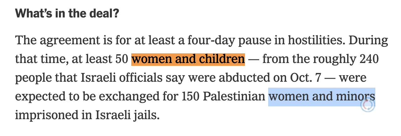 صحيفة نيويورك تايمز تستخدم مصطلح “قُصَّر” بدلاً “أطفال”، بينما تستخدم الأخير في وصف الرهائن الإسرائيليين