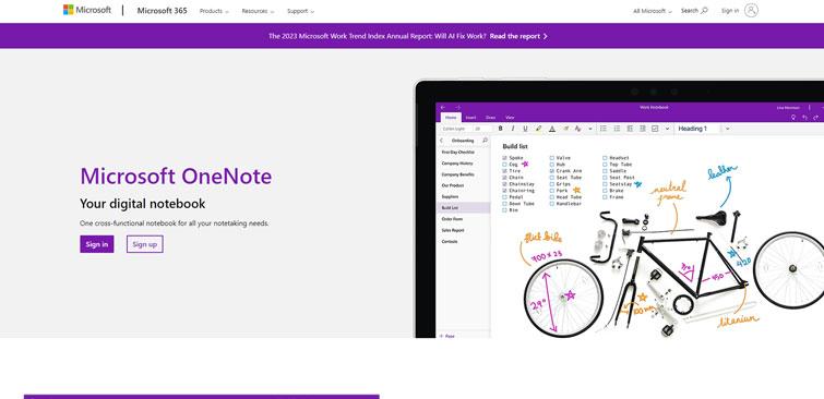 Screenshot of onenote home page.