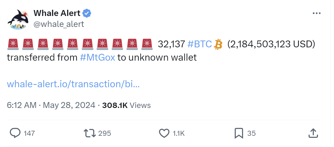 Screenshot of Whale Alert X identifying the movement today of 32K Bitcoin from the Mt. Gox wallet.