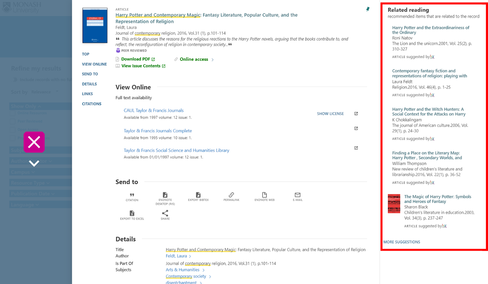 Item record detailed display with Related reading section highlighted