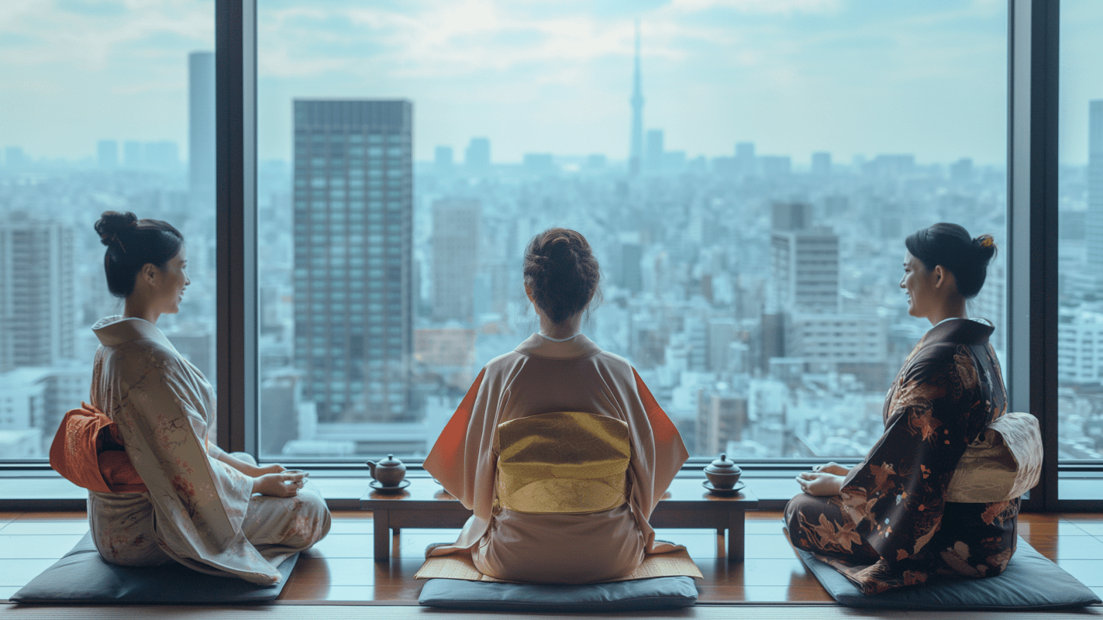 Women in kimonos drink tea in a high-rise hotel in Asia for cultural experiences