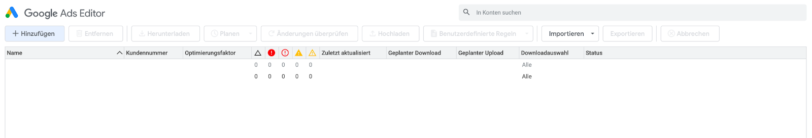 Eine Übersicht der verschiedenen Konten im Google Ads Editor.