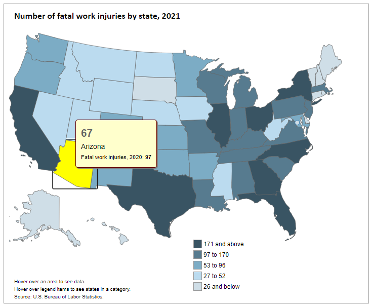 Number of fatal work injuries by state, 2021