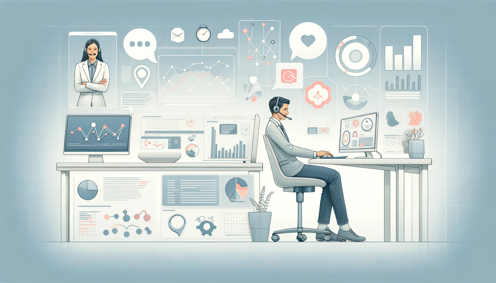 Illustration showing a transition from customer support to data analytics. On the left, a customer service representative with a headset is surrounded by speech bubbles, a laptop, and a chat interface. The right side shows a person analyzing data with graphs and charts on a computer screen, amidst data visualizations and statistical tools. The background is a smooth transition from a support desk to a data science workspace.