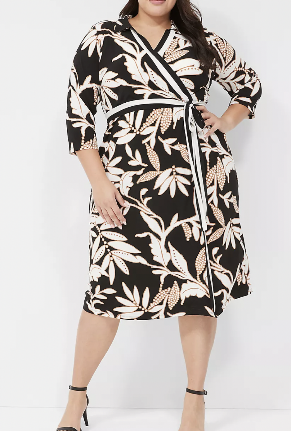 3/4-Sleeve Collar Faux-Wrap Jersey Midi Dress from Lane Bryant