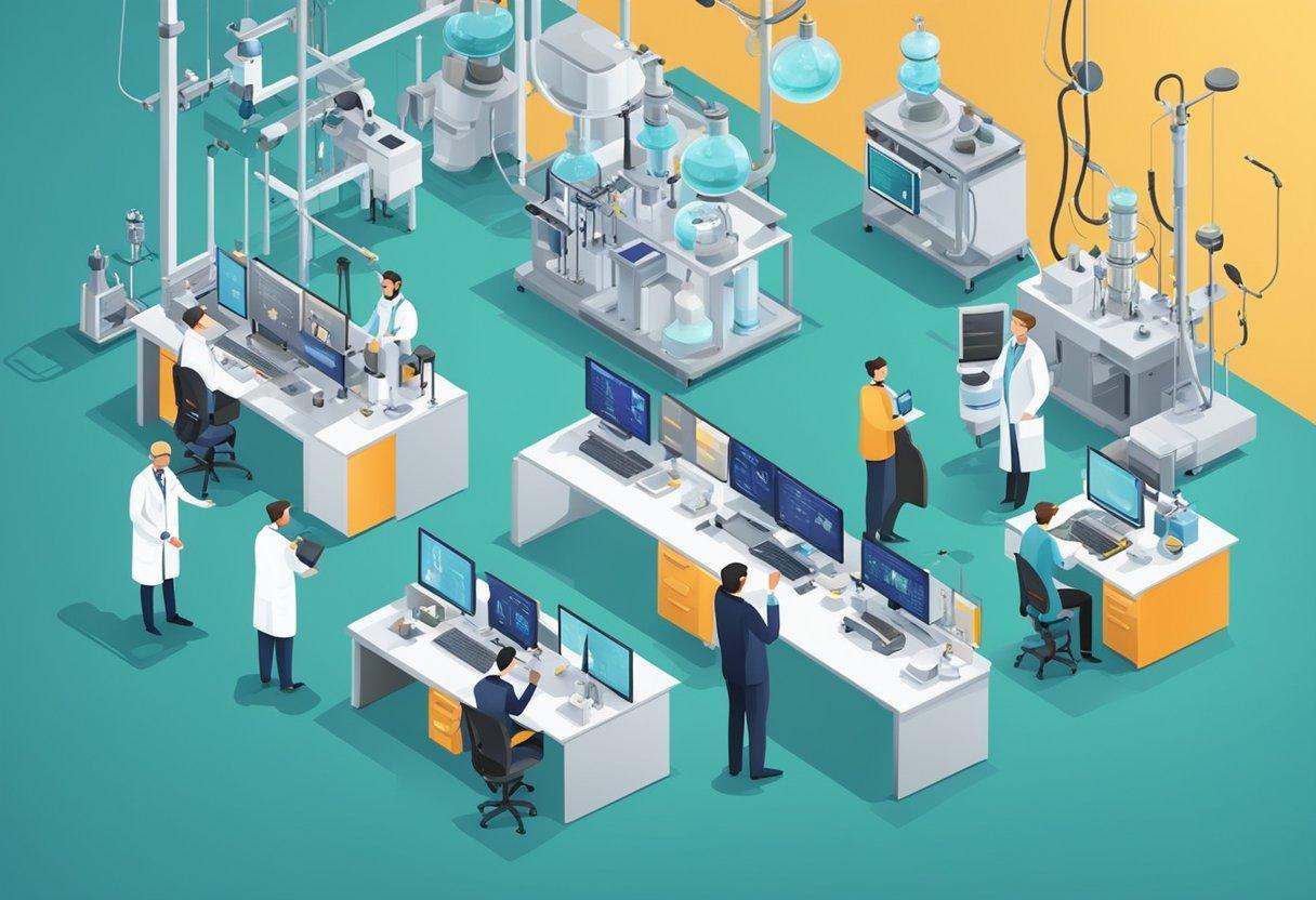 Scientists and inventors surrounded by laboratory equipment and technological devices