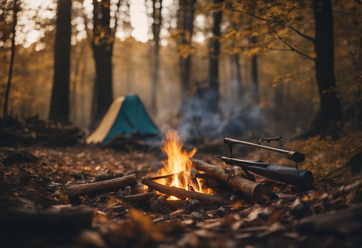 A campfire crackles in a clearing, surrounded by tools and supplies for bushcraft. A shelter of branches and leaves stands nearby, with a small stream running through the background