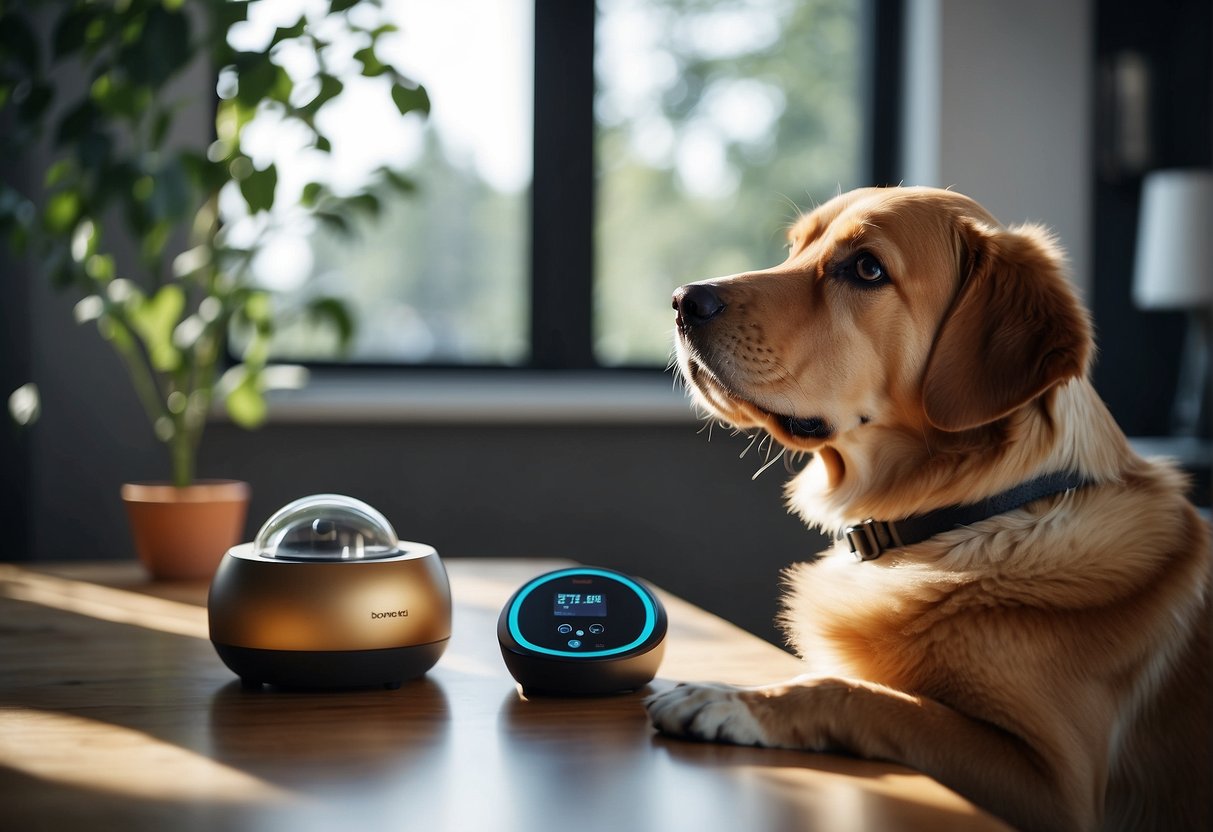 A dog interacting with advanced pet care technologies such as smart feeders and health monitoring devices