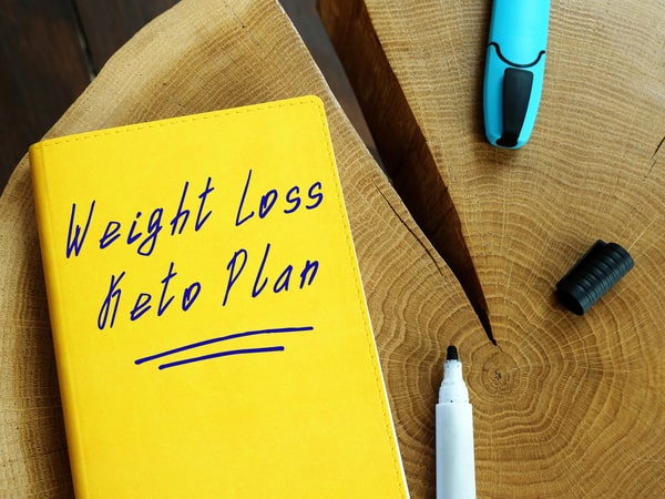 A yellow book with the words "Weight Loss Keto Plan" written on the cover along with a marker and blue highlighter on a wooden table