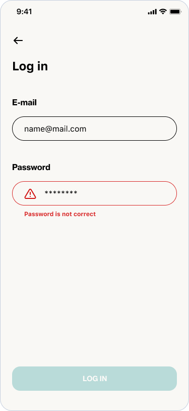 Login form with error messages with visual icons