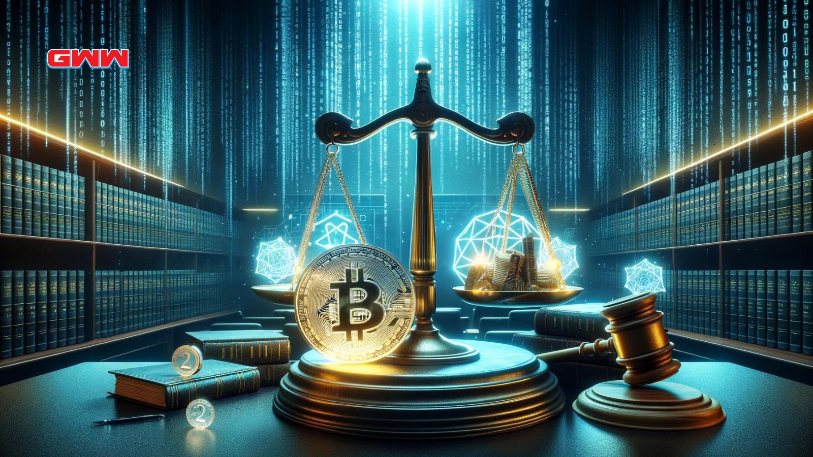 Bitcoin on scales in digital library, crypto law theme