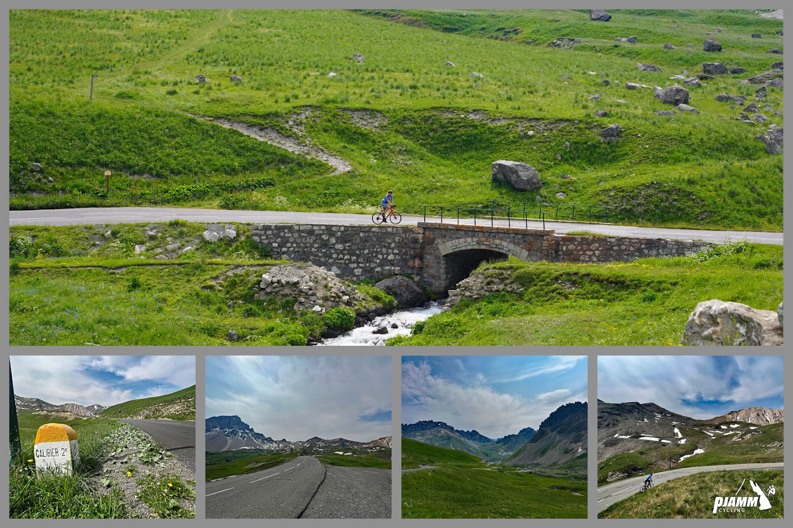 Cycling Col du Galibier from Valloire: photo collage shows green hillsides, cobble bridge over small stream, and patches of snow along the final third of the climb