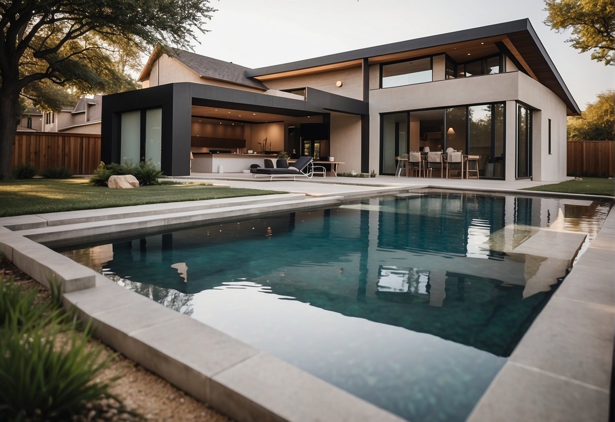 A Plano home with a modern, angular design features a sleek, rectangular pool with clean lines and a minimalist aesthetic