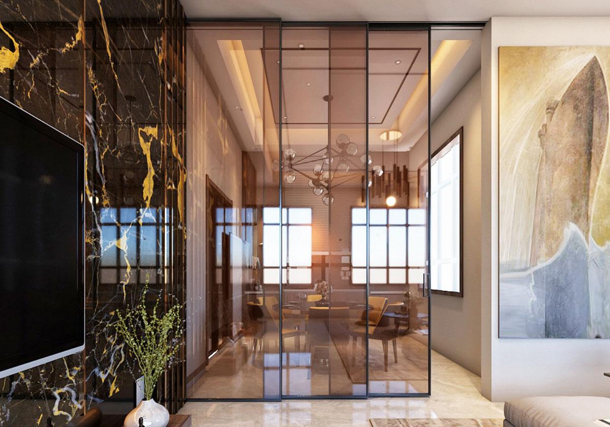 Tinted and Translucent Sliding Glass Partition Design