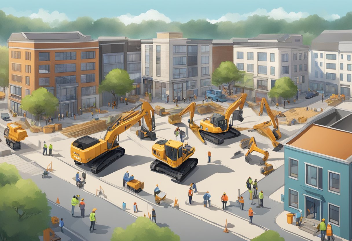 123 Construction's Impact on the Community: A bustling construction site with workers and machinery transforming the landscape, surrounded by curious onlookers and nearby businesses adapting to the changes