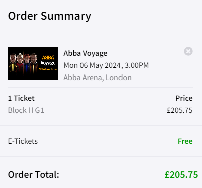 Screenshot of a basket for ABBA Voyage tickets at ABBA Arena, London for Monday 6th May. Price of £205.75