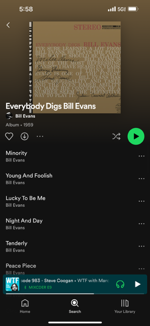 A screenshot of the album Everybody Digs Bill Evans by Bill Evans, on Tom Llewellyn's Spotify.