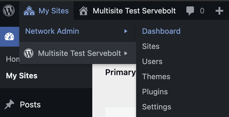 Screenshot of a WordPress Multisite test server dashboard menu