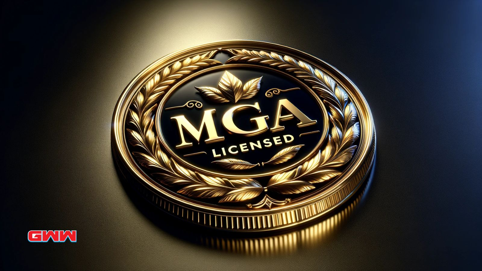 Close-up of a shiny gold MGA License seal on a dark elegant background