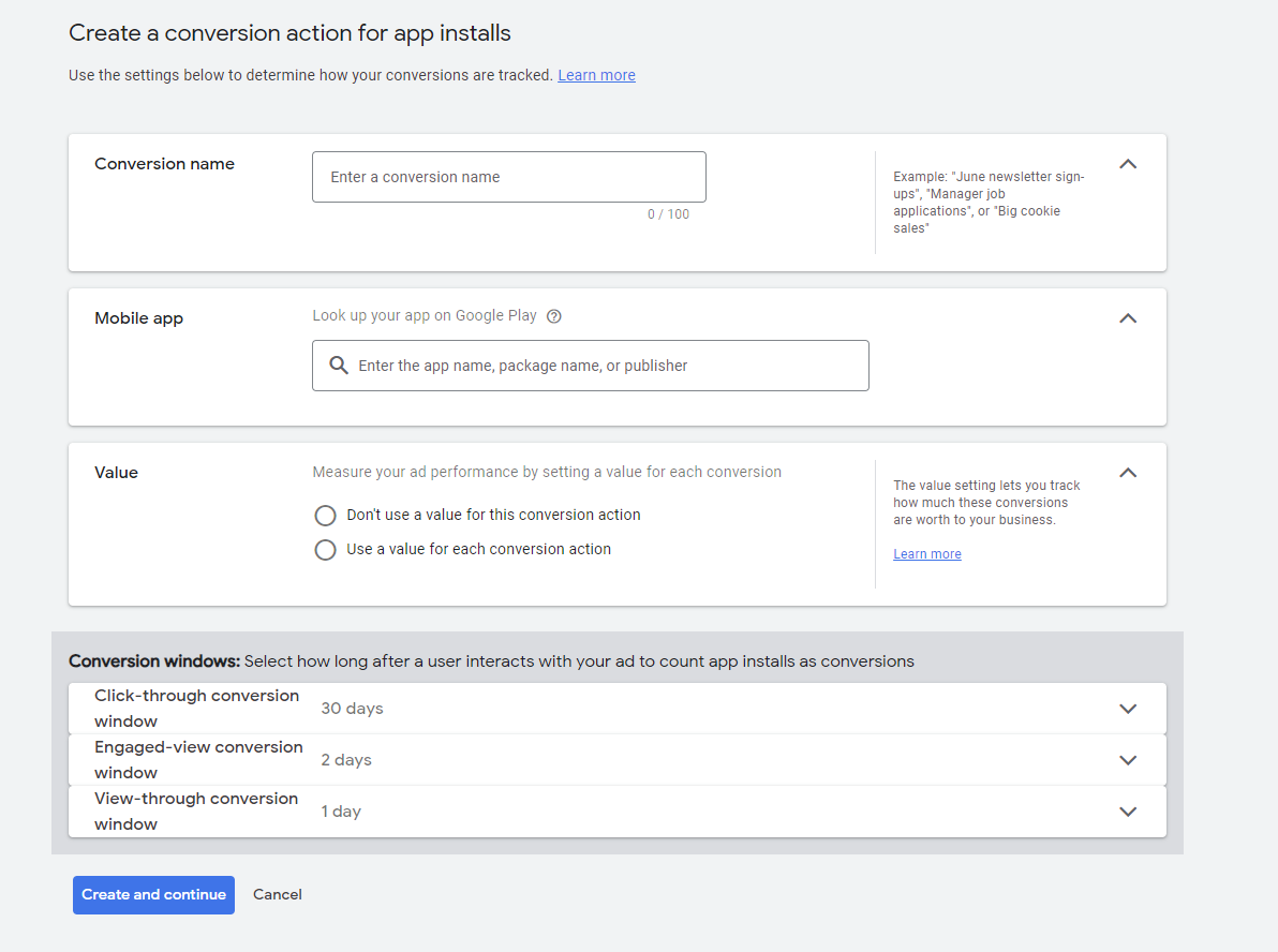 A screenshot of the create a conversion action screen in Google Ads.