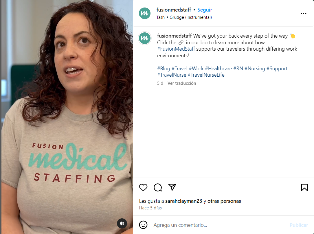Screenshot of Instagram post by Fusion Med Staff talking about travel nursing