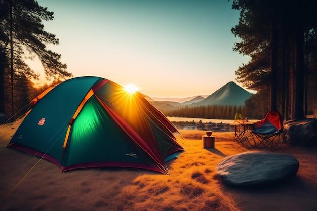 A tent in front of a mountain with the sun setting behind it