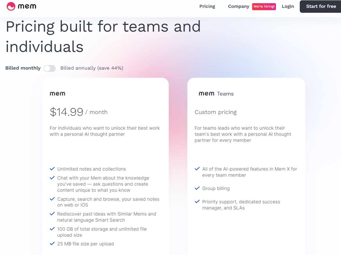 Pricing Plans for Mem