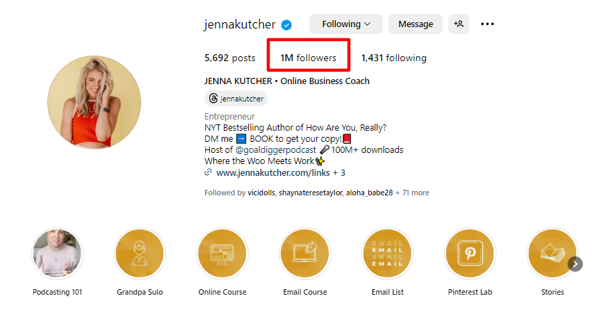 Influencer marketer, Jenna Kutcher’s profile on Instragram. 
