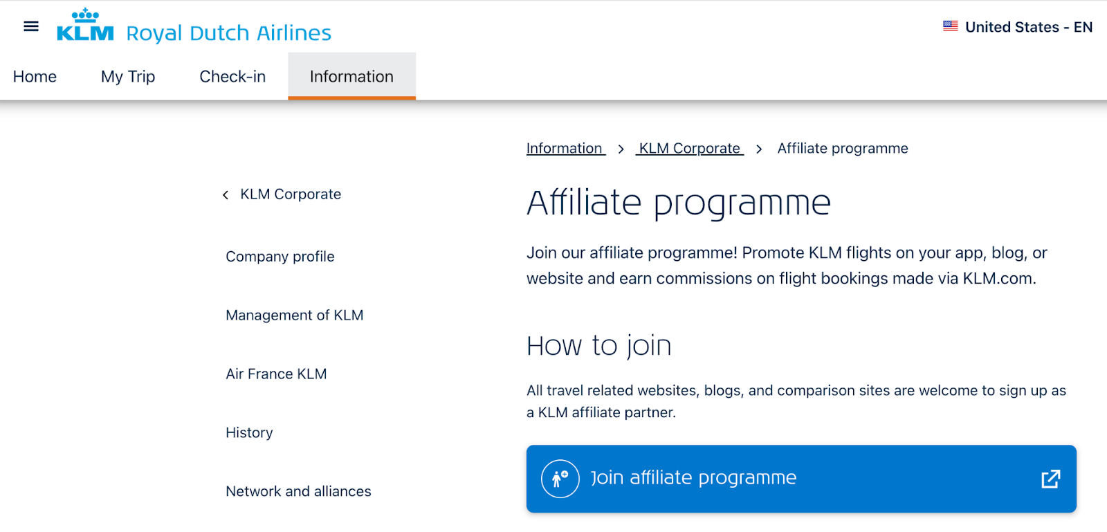 KLM Royal Dutch Airlines affiliate program page