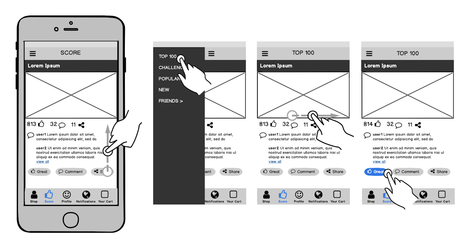 Black-and-white designs of an Instagram-like app. A hand demos actions like scrolling and liking posts.