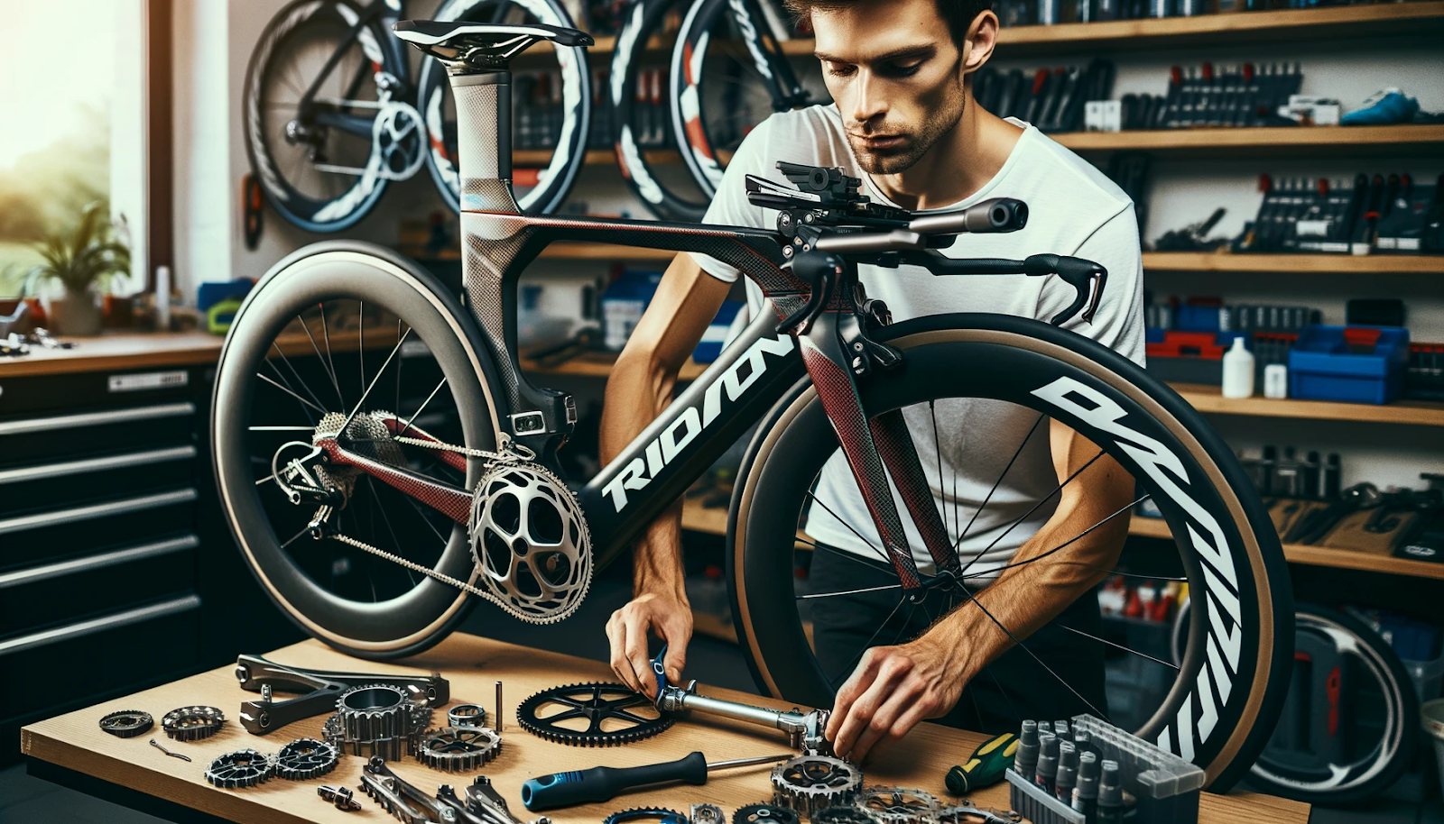 Photo of a triathlon bike inside a repair shop. A mechanic, with a focused expression, is examining a damaged component of the bike. Tools and spare parts are scattered around, emphasizing the complexity of the bike's maintenance. The scene should convey the idea of meticulous care and the expertise required for such high-end machines.