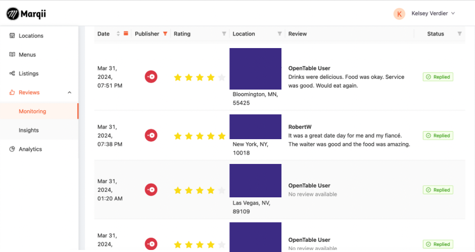 Marqii Dashboard - OpenTable Reviews