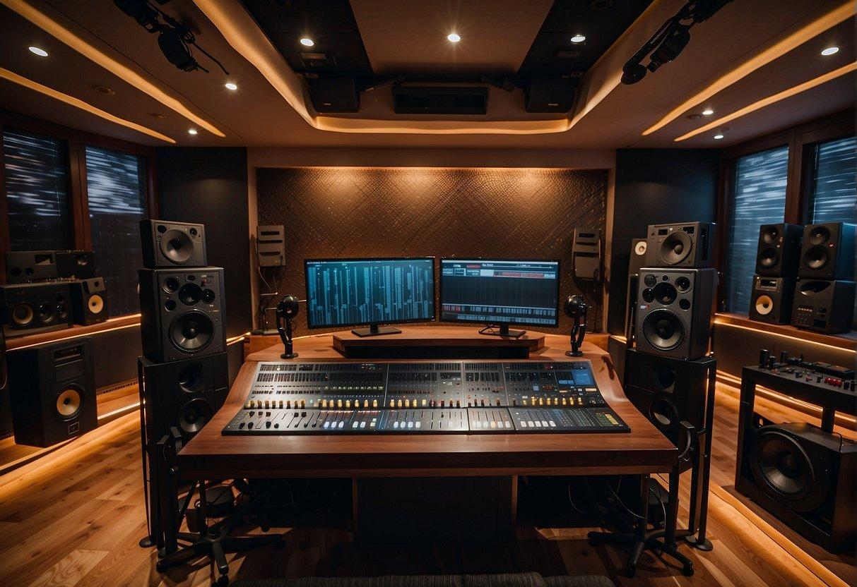 A professional recording studio with soundproof walls, high-quality microphones, mixing boards, and computer monitors displaying audio waveforms