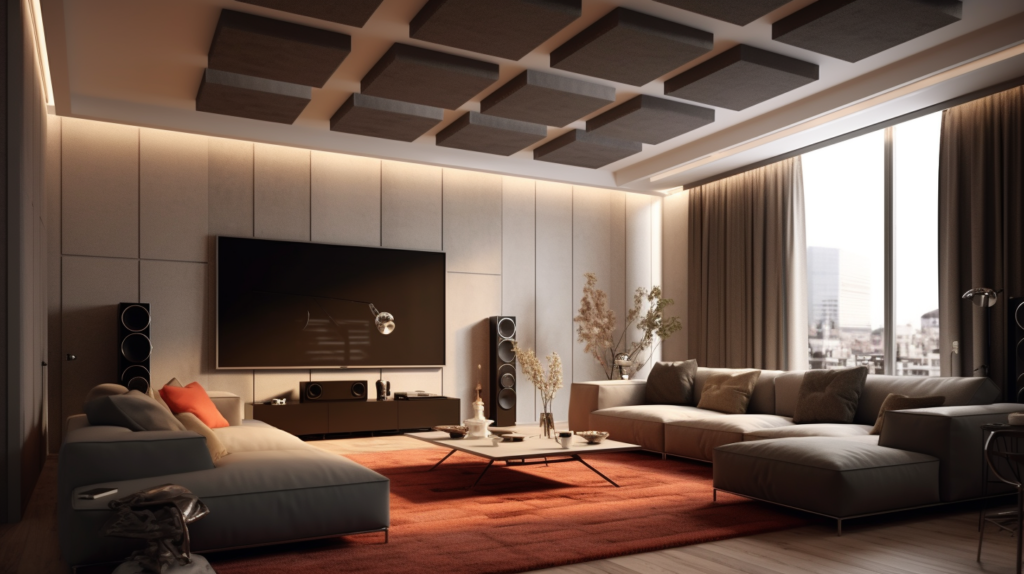 Immersive living room featuring flat acoustic panels of varying thicknesses, complemented by professional audio equipment.