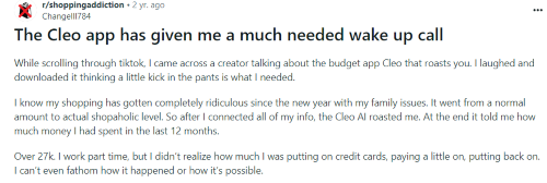 A person on Reddit sharing their positive experience using Cleo to spend less money. 