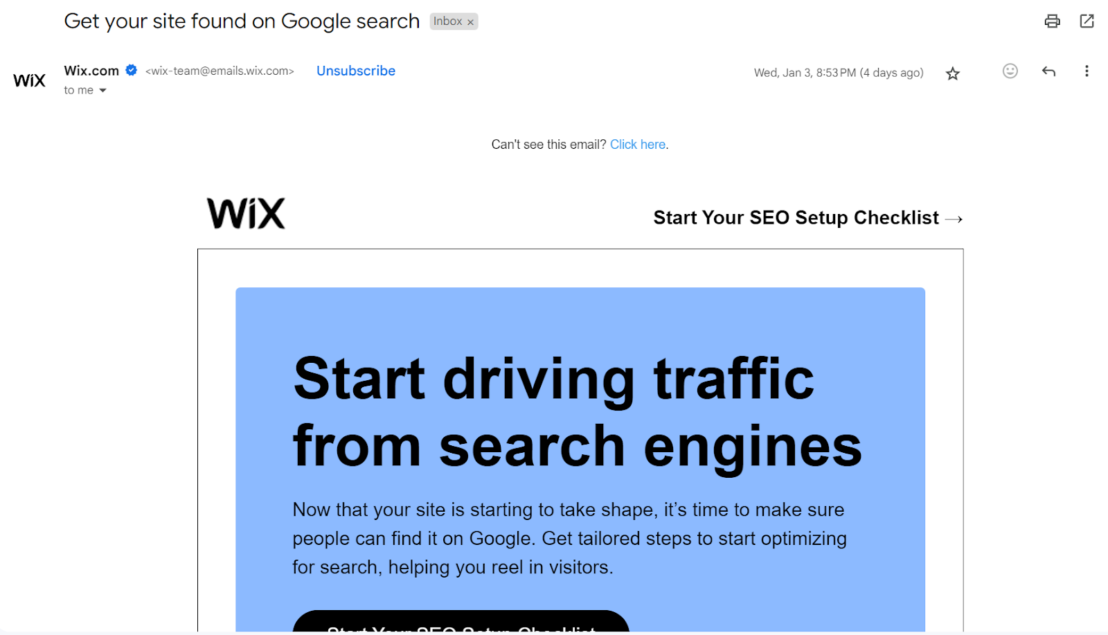 Screenshot of a marketing email sent by Wix