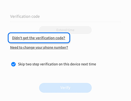 Didn't get the verification code? highlighted on the Samsung account sign-in page using a web browser