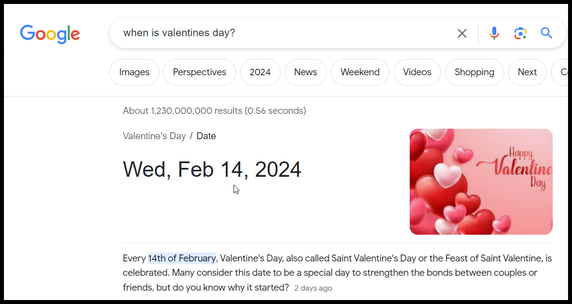 valentines day search, with google answerbox