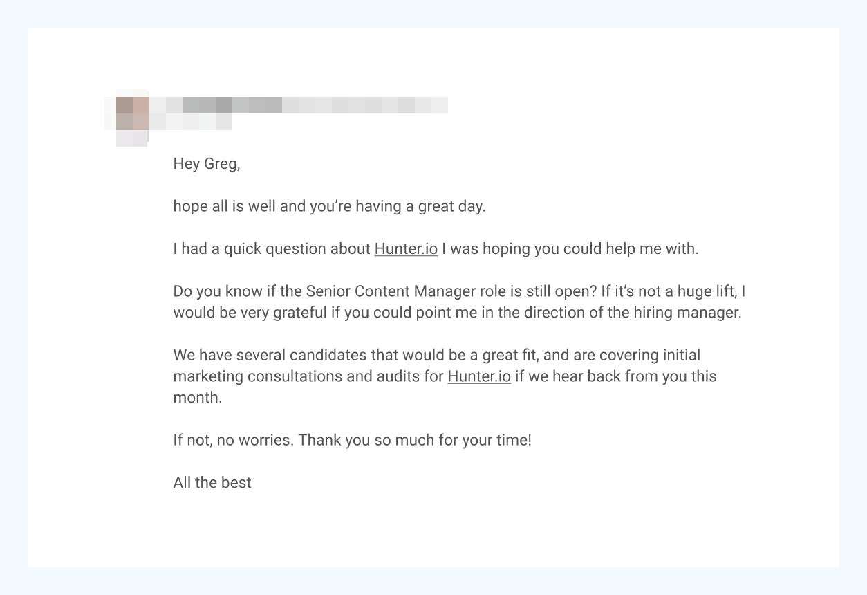 a cold email that uses a job offer to advertise HR services